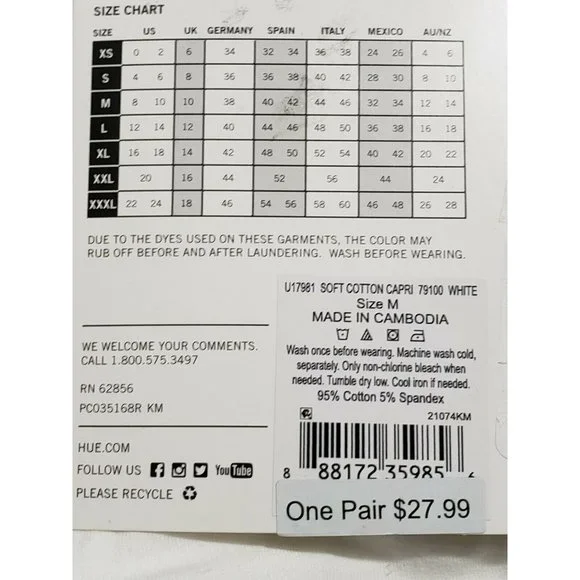 HUE White Cotton Capri EDV Leggings Size Medium (8-10) U1798179100 - Picture 4 of 4
